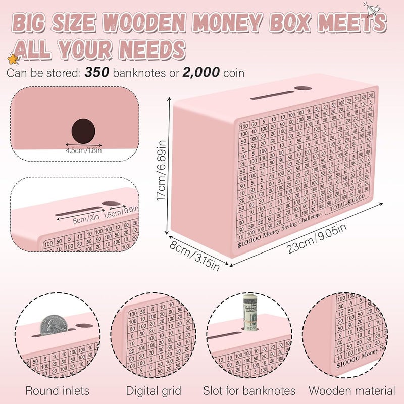 Gomyrod Wooden Money Saving Box, Cash Vault Savings Box for $10000 $5000 $3000 $1000 $800 $500 Target Money Saving Challenge, Reusable Money Box with Counter, Dry Erase Pen/Savings Trackers/Rubber Band-Pink - Image 2
